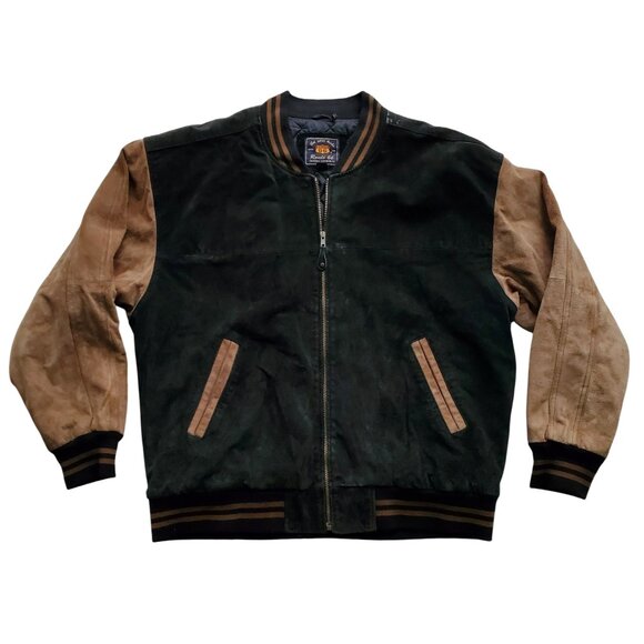 Route 66 Vintage Y2K 90s Suede Genuine Leather Varsity Bomber Jacket Black Tan L - Picture 4 of 16